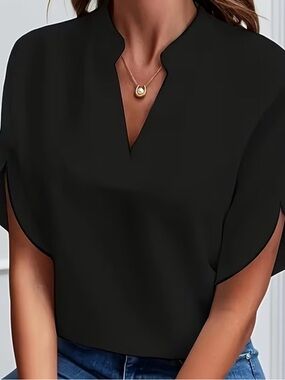 Black Split-Sleeve V-Neck Women's Top